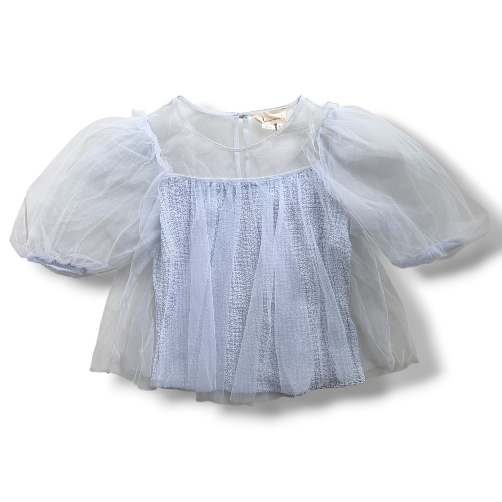 By Anthropologie Womens S Light Blue Sheer Puff-Sleeve Blouse OB1777381 Coquette - Picture 1 of 14
